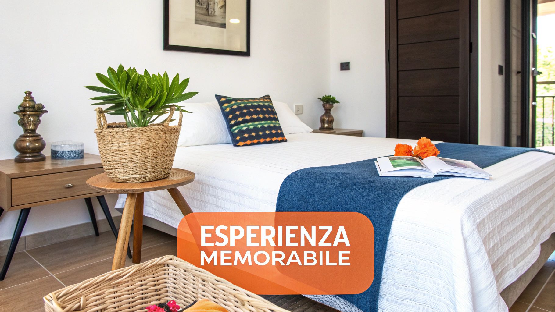 Un ospite soddisfatto che lascia una recensione positiva su uno smartphone, con una casa vacanze accogliente sullo sfondo.