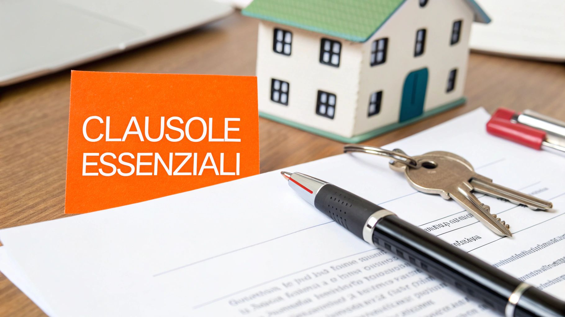 Una carta arancione con la scritta 'CLAUSOLE ESSENZIALI' accanto a una casa in miniatura, chiavi e documenti.