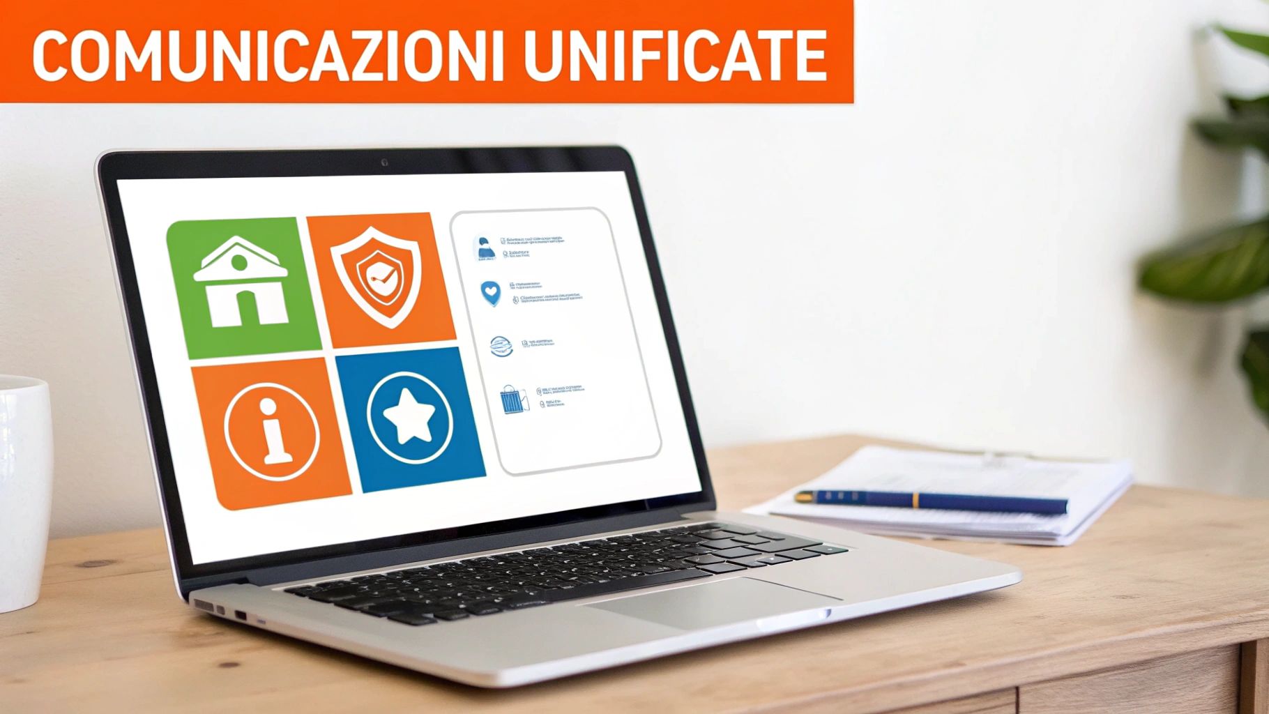 Un laptop su una scrivania in legno mostra icone di servizi digitali e informazioni, con il banner 'COMUNICAZIONI UNIFICATE'.