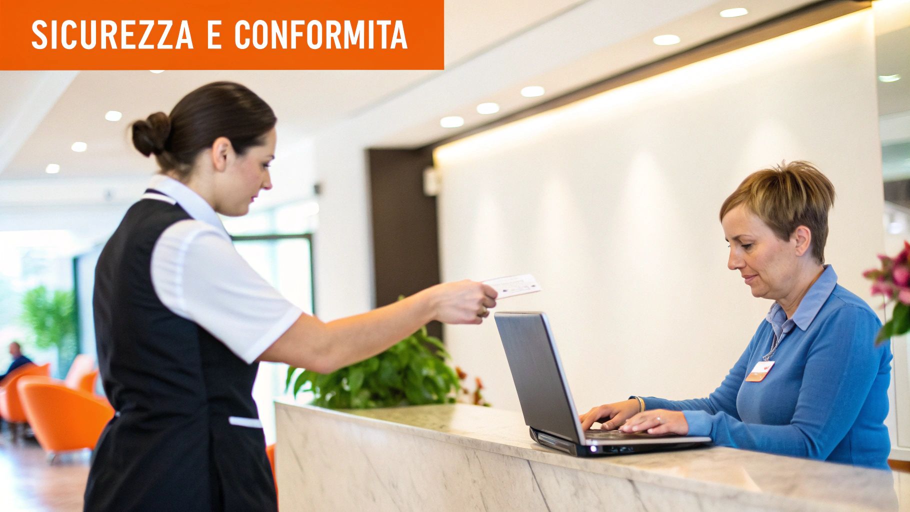 Una receptionist al computer assiste una cliente che le porge una tessera in un ambiente moderno.