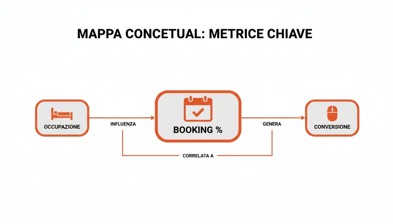 Mappa concettuale che illustra le metriche chiave: occupazione influenza la percentuale di booking che genera la conversione, con correlazione tra booking e conversione.
