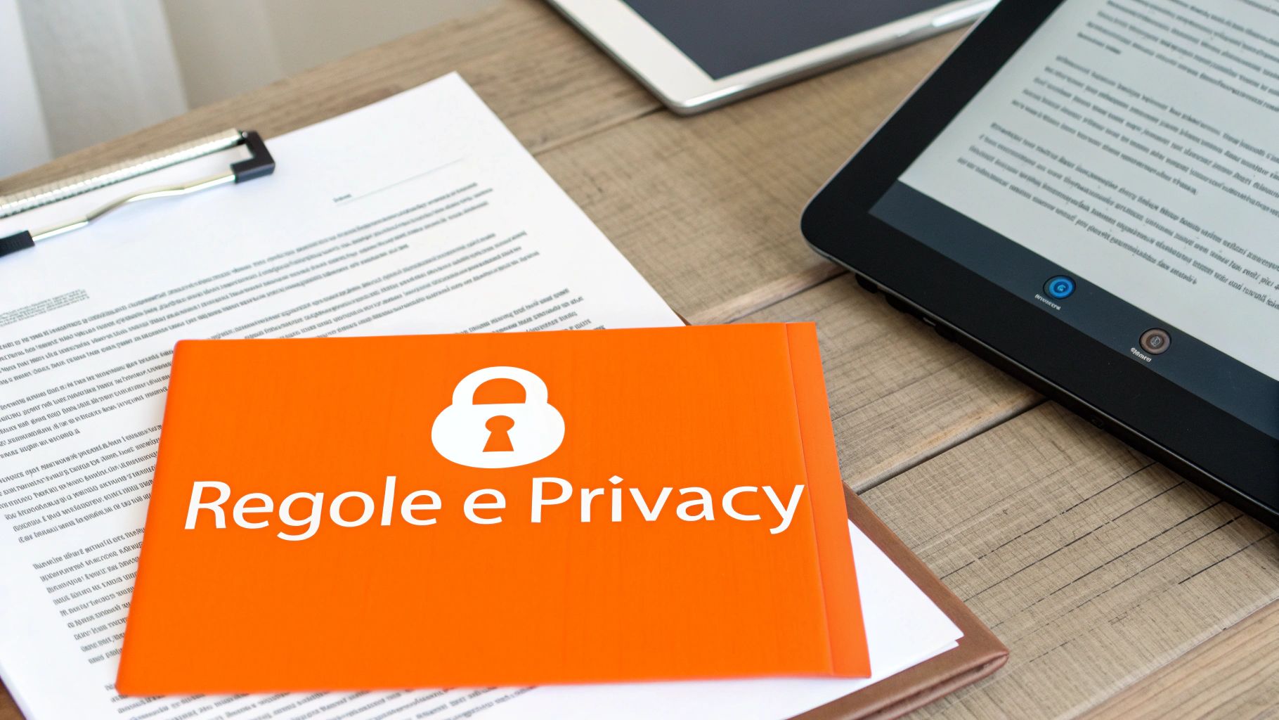 Documento arancione con scritta "Regole e Privacy" e lucchetto, su tavolo di legno con tablet e carte.