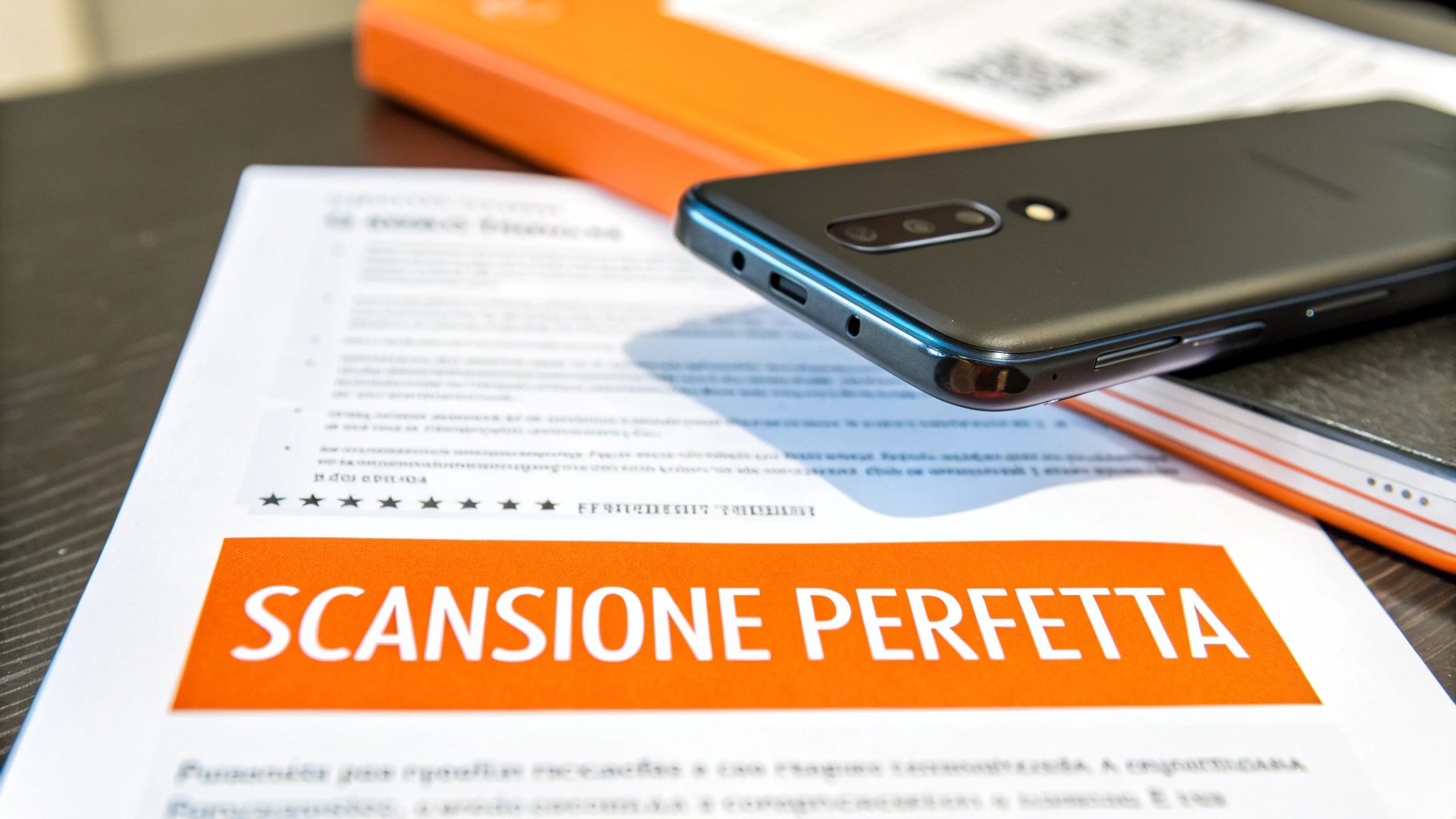 Smartphone nero appoggiato su un documento bianco con la scritta arancione "SCANSIONE PERFETTA", ideale per digitalizzare.