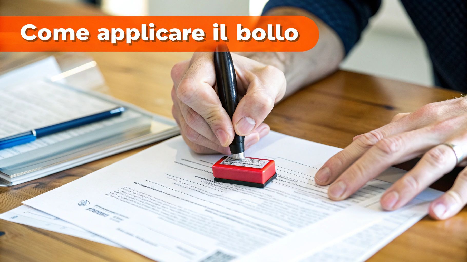 Una persona sta applicando una marca da bollo su un documento, su una scrivania di legno con una penna accanto.