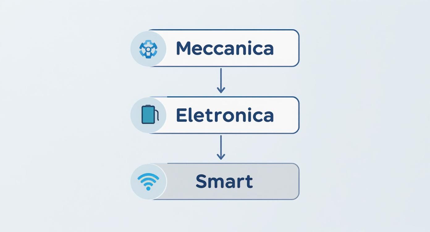 Diagramma di flusso verticale che illustra la progressione da Meccanica, a Elettronica, fino a Smart, con icone rappresentative per ogni fase.