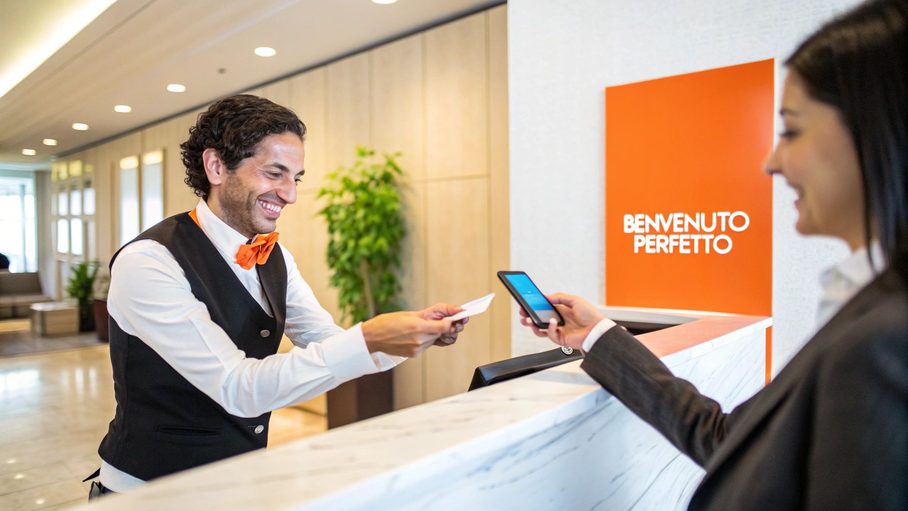 Un dipendente sorridente di un hotel consegna una chiave a un ospite che usa lo smartphone alla reception.