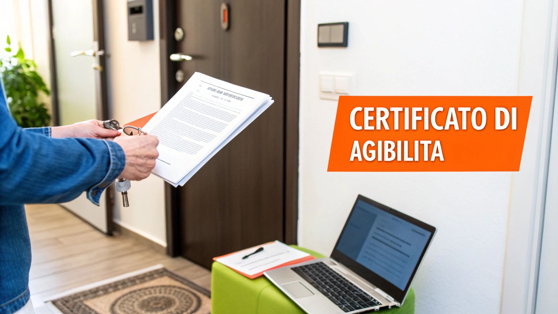 Una persona tiene documenti e chiavi di casa, con un laptop e il cartello "CERTIFICATO DI AGIBILITA" visibile.