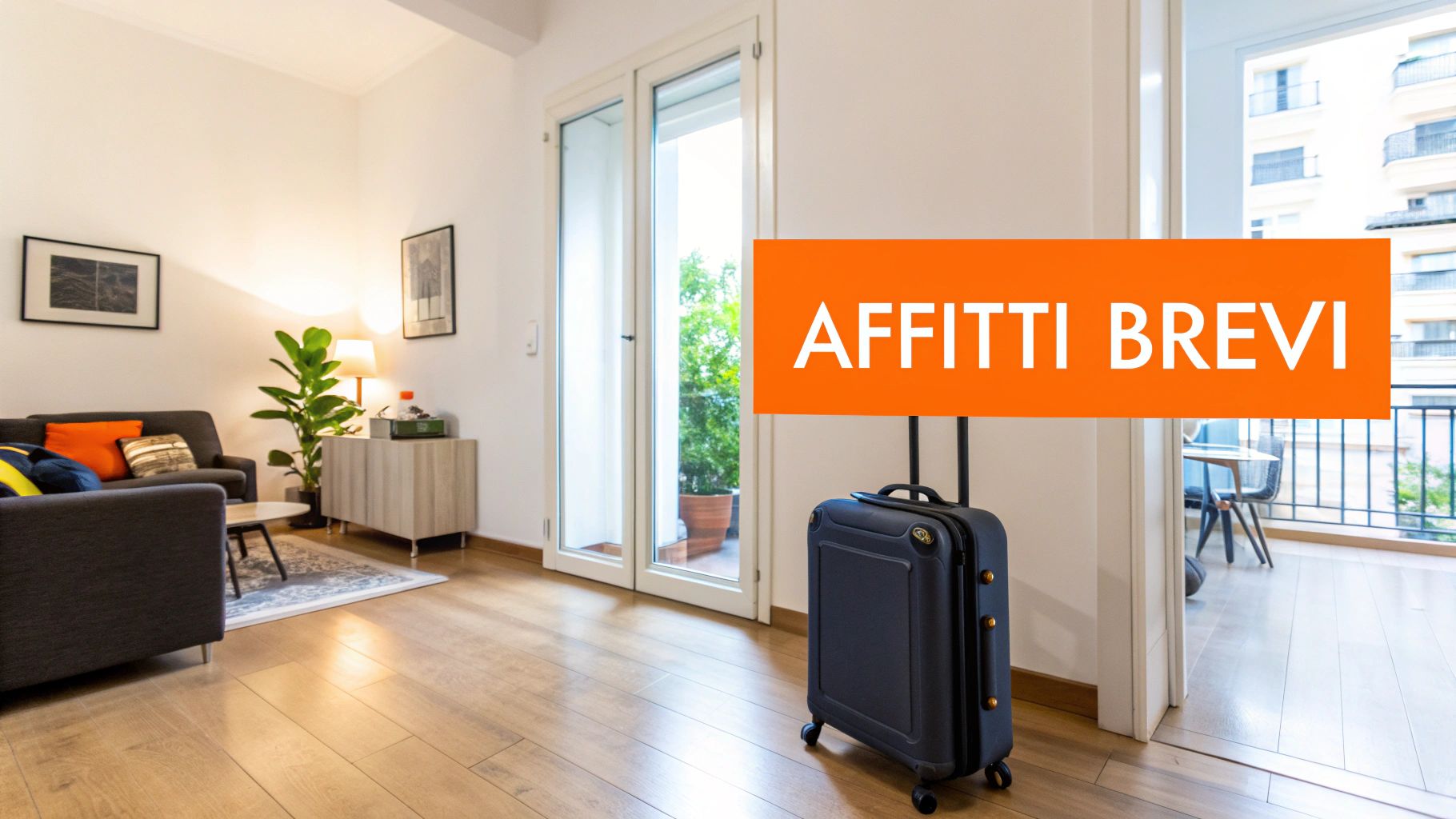 Appartamento moderno con soggiorno arredato, valigia pronta e banner "AFFITTI BREVI" per soggiorni brevi.