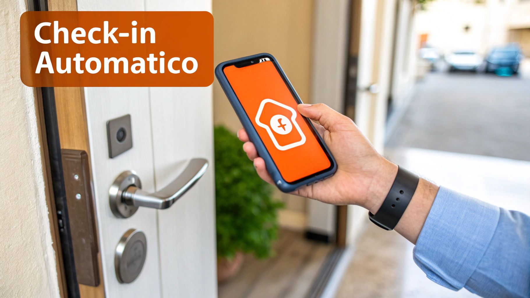 Persona usa smartphone per check-in automatico hotel aprendo porta con app mobile digitale