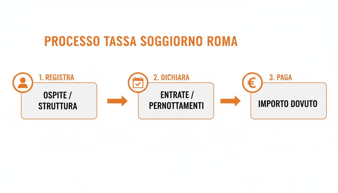 Diagramma che illustra il processo per la tassa di soggiorno a Roma: registrazione, dichiarazione e pagamento.