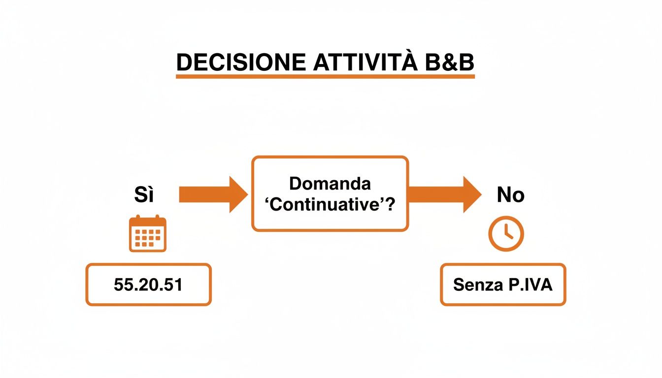 Diagramma di flusso per la decisione sull'attività di B&B: 'Continuative?' porta a '55.20.51' per sì o 'Senza P.IVA' per no.