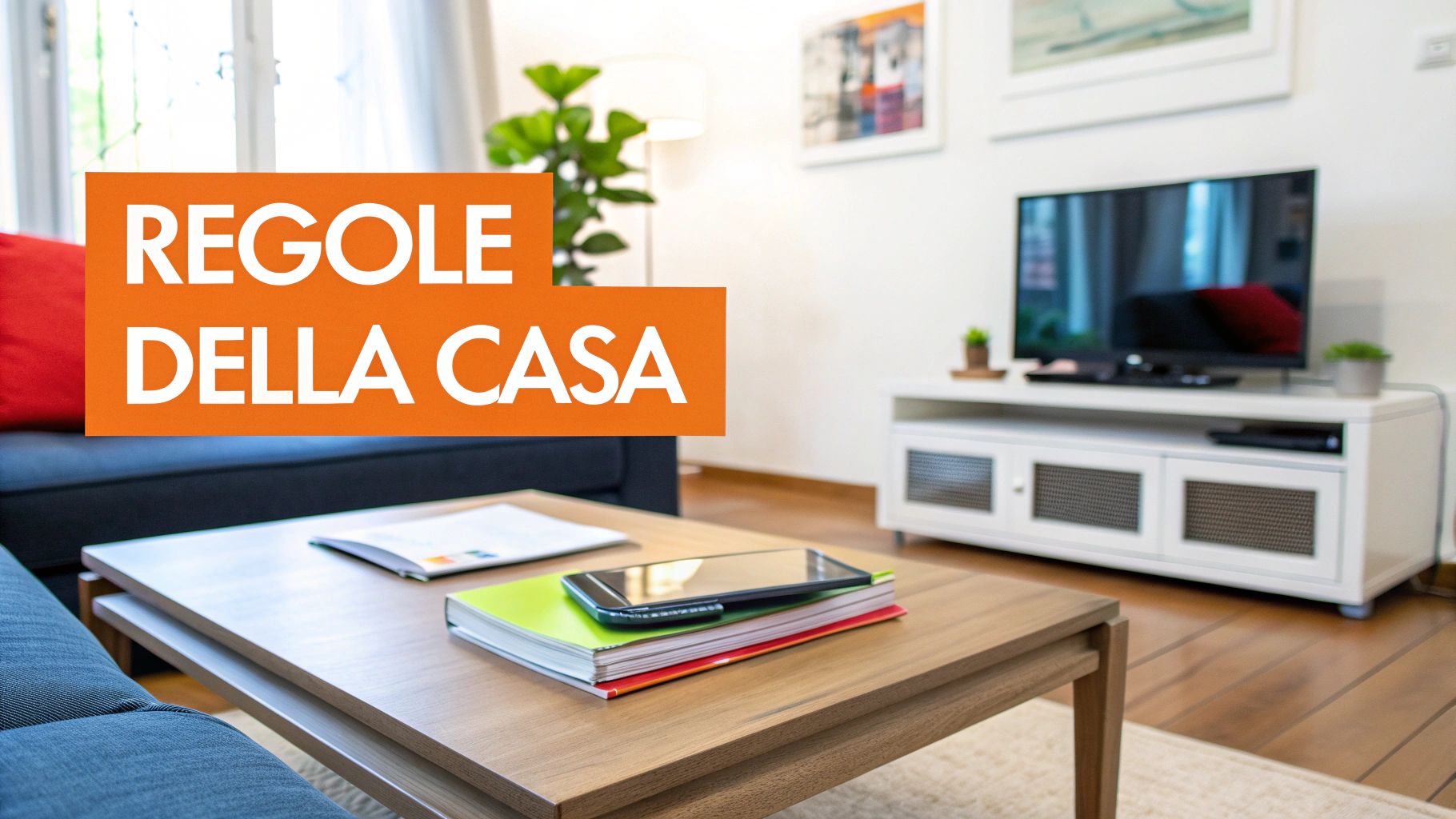 Soggiorno moderno con televisore, tavolino in legno e divano blu - regole della casa per affitti vacanze