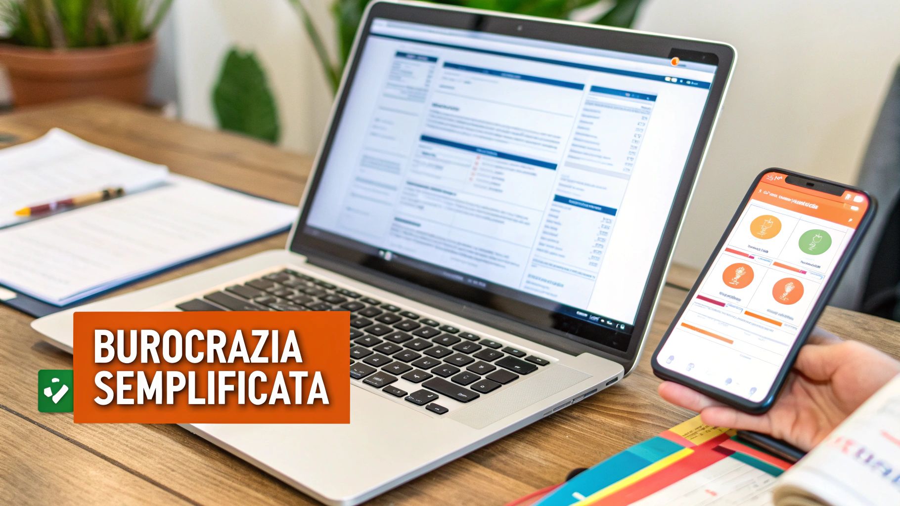 Una persona utilizza uno smartphone con un'applicazione e un laptop su una scrivania in legno, con la scritta 'Burocrazia Semplificata' in evidenza.