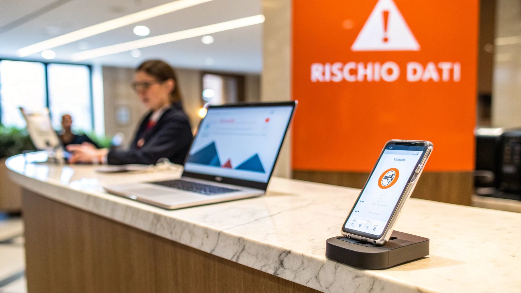 Donna lavora al laptop dietro un bancone, con smartphone in primo piano e cartello "RISCHIO DATI".