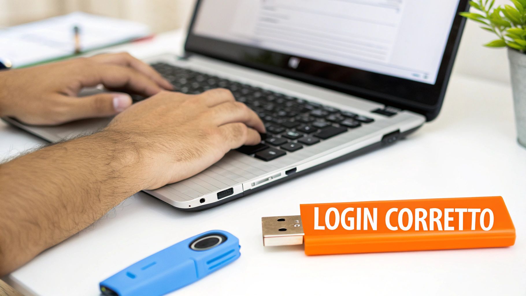 Mani su un laptop con chiavetta USB arancione "LOGIN CORRETTO" e dispositivo di sicurezza blu.
