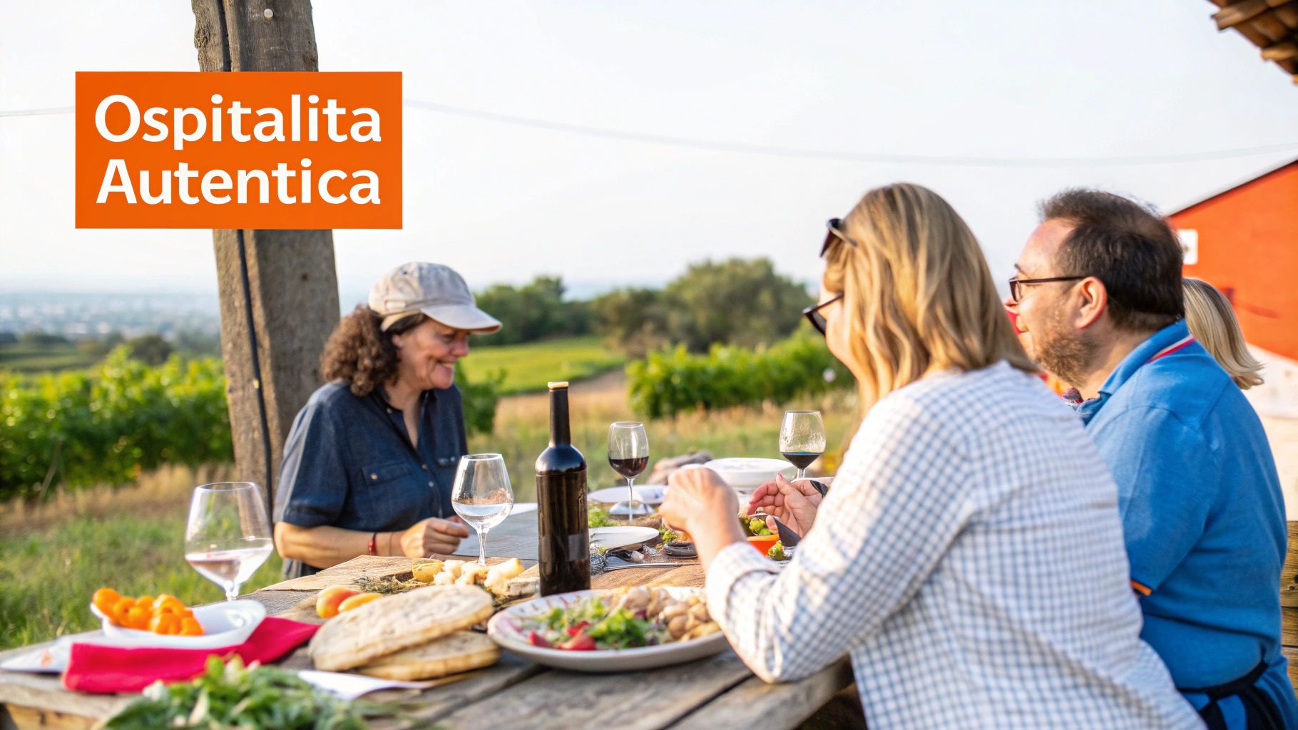 Due persone che brindano con vino in un ambiente rurale, simboleggiare un'esperienza memorabile in agriturismo