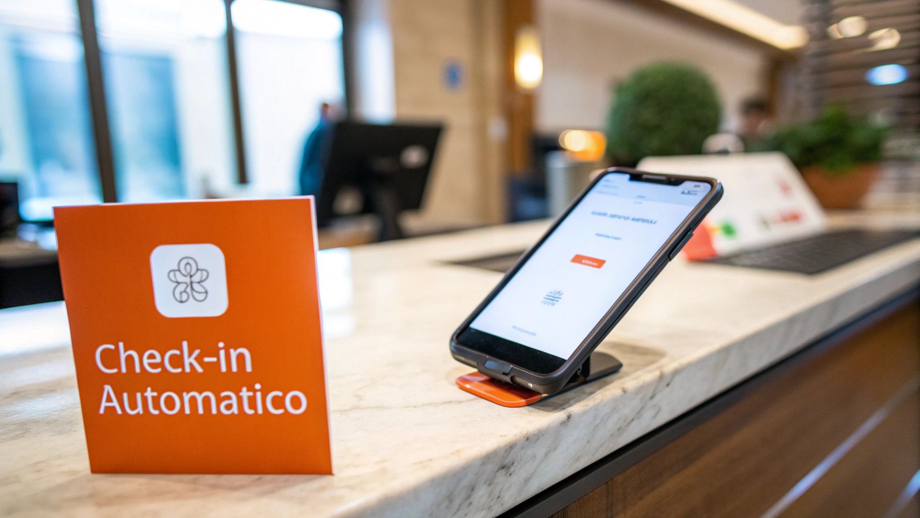Smartphone su un banco con un cartello "Check-in Automatico" per un'esperienza rapida e moderna in hotel.