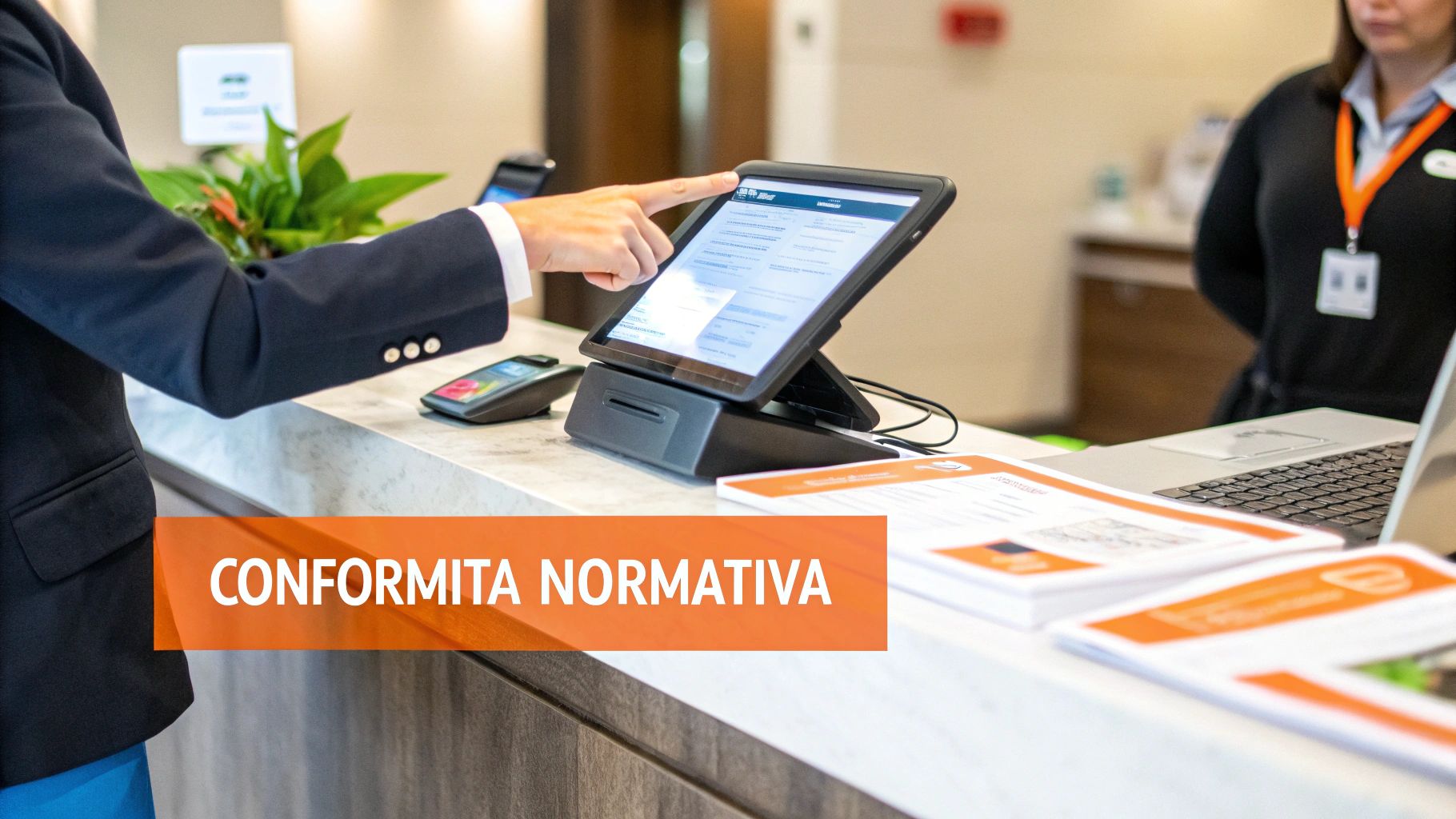 Persona in abito professionale che utilizza un tablet per un check-in self-service in un'area reception di hotel.