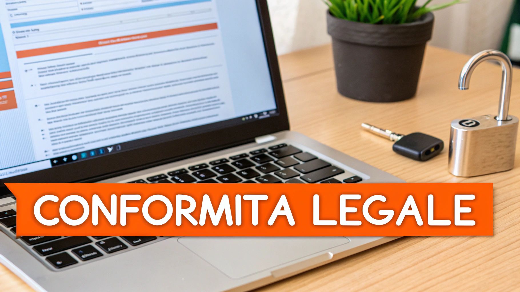 Laptop con documenti digitali, lucchetto aperto e chiave, evidenziando la conformità legale.