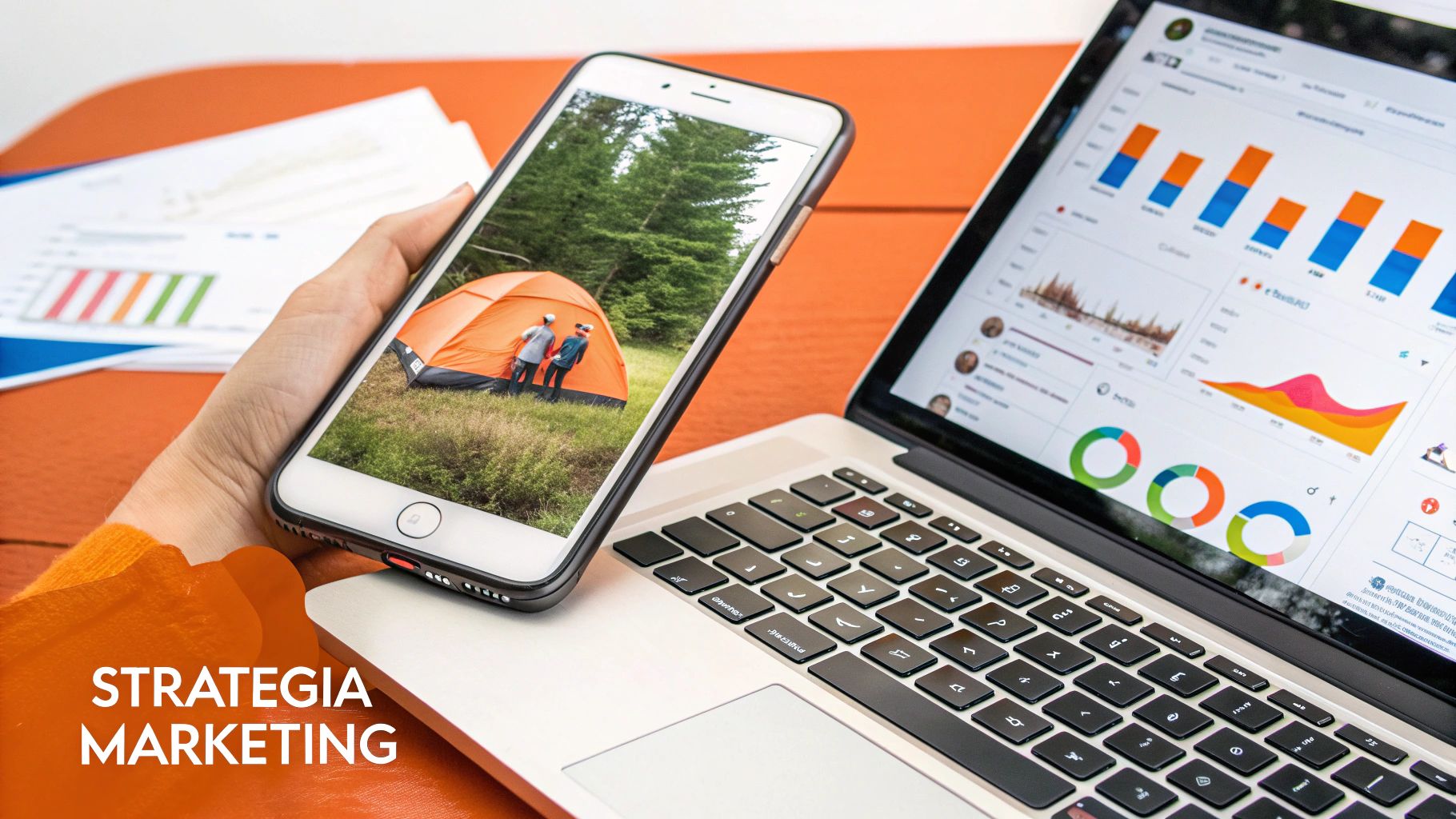 Strategia di marketing digitale per un campeggio mostrata su un laptop