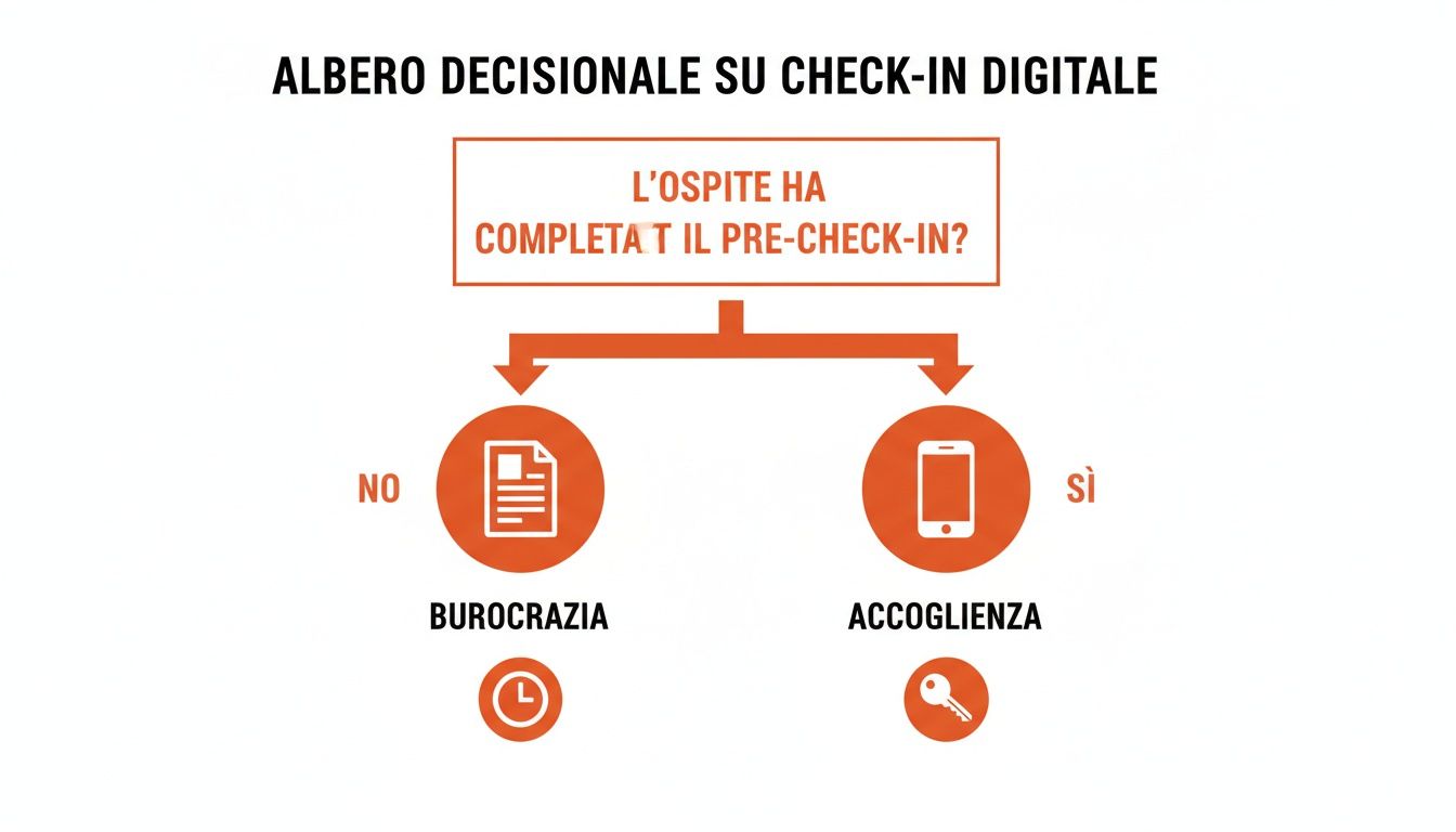 Albero decisionale su check-in digitale che illustra i percorsi per ospite con o senza pre-check-in completato.