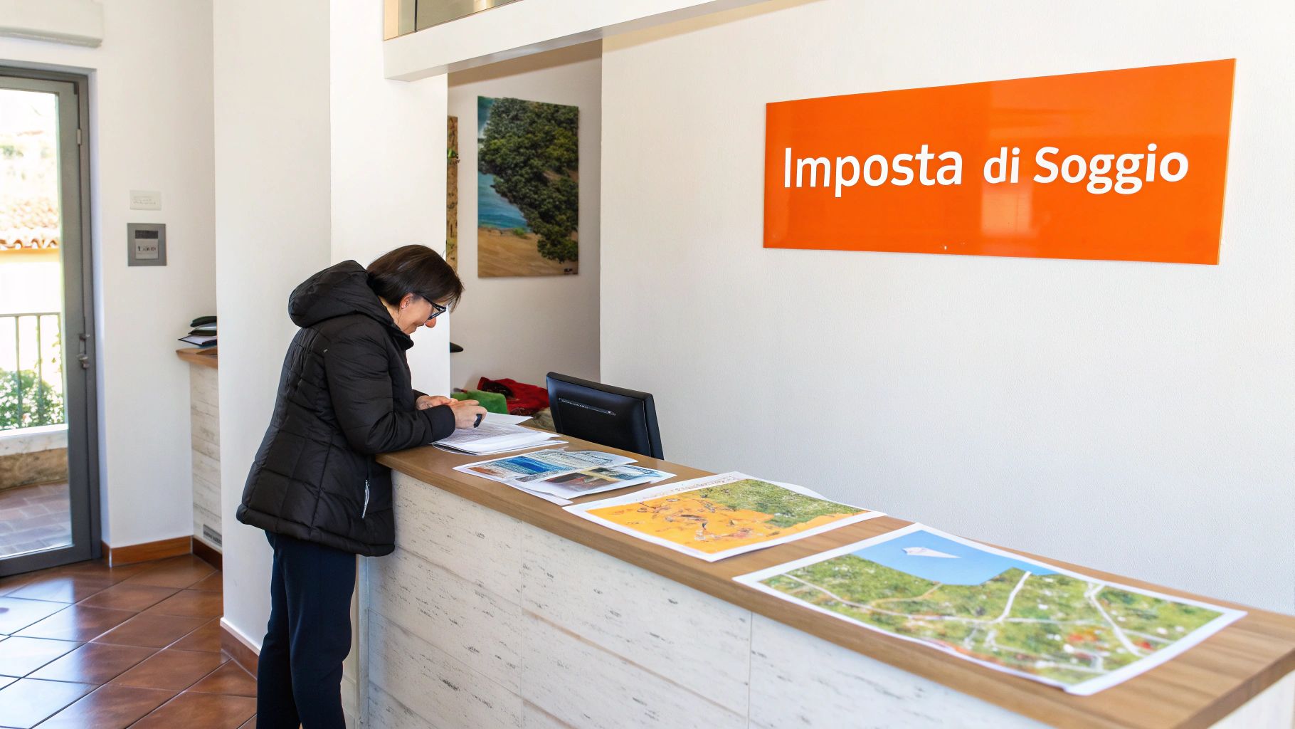 Donna che compila documenti al banco della reception con un cartello "Imposta di Soggiorno" sullo sfondo.