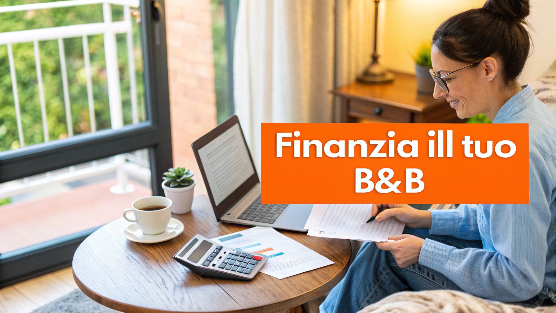 Una donna sorridente gestisce la contabilità del suo B&B con laptop, calcolatore e documenti, in un ambiente domestico.