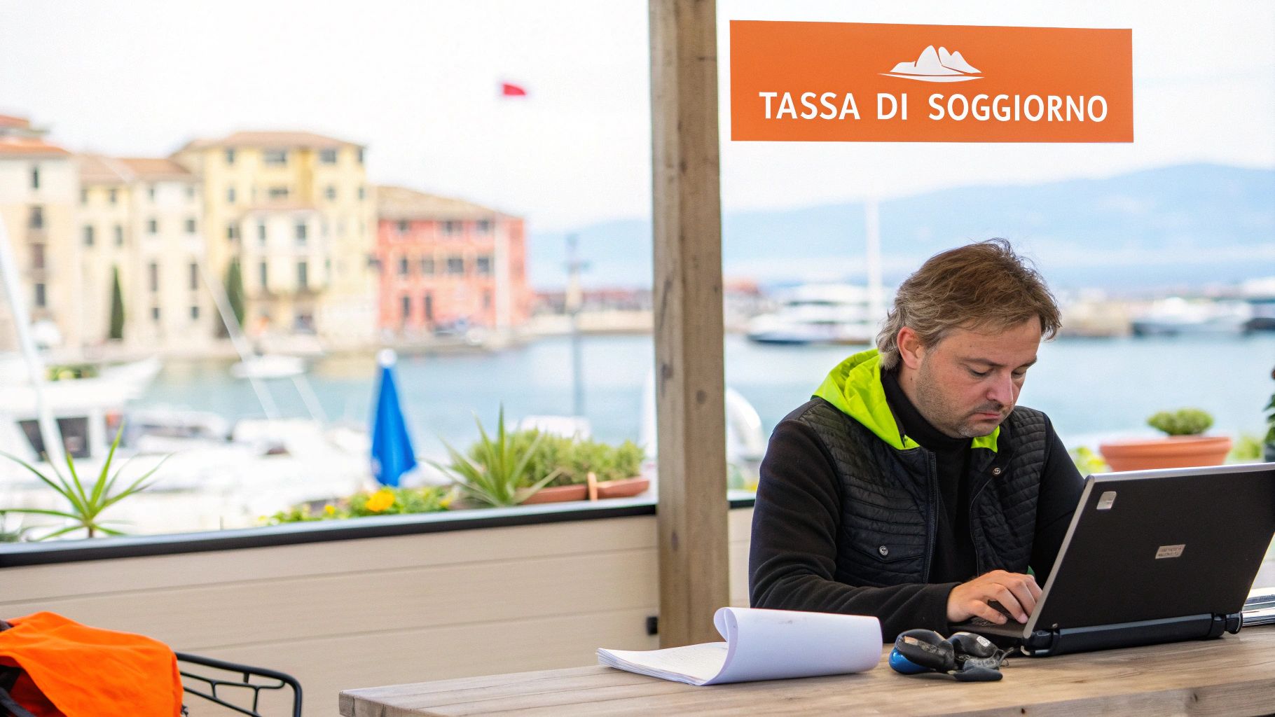 Uomo lavora al laptop su un balcone con vista su un porto turistico e il cartello 'Tassa di Soggiorno'.