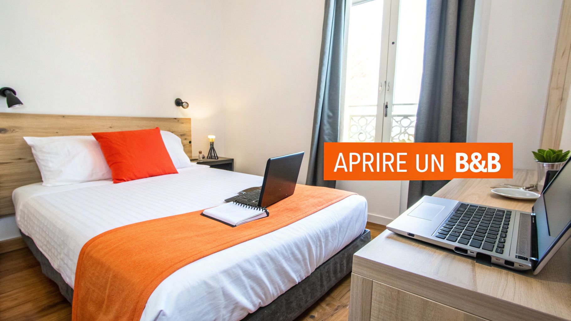 Una camera da letto moderna e accogliente, ideale per un B&B, con letto matrimoniale, scrivania e laptop.