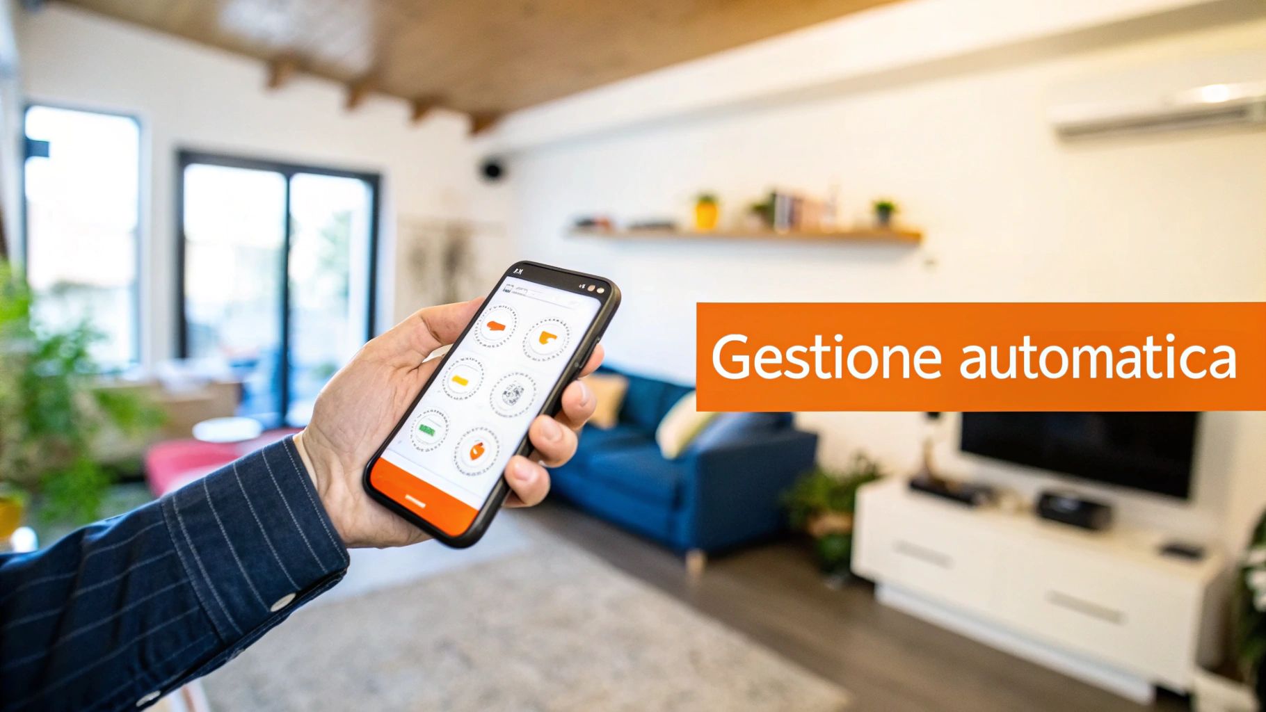 Un host utilizza l'app Nowcheckin su uno smartphone per gestire il check-in di un ospite in modo rapido e digitale.