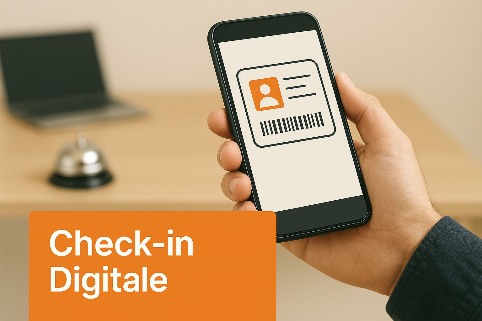 Infografica che mostra un ospite mentre effettua il check-in digitale scansionando un documento d'identità con il telefono