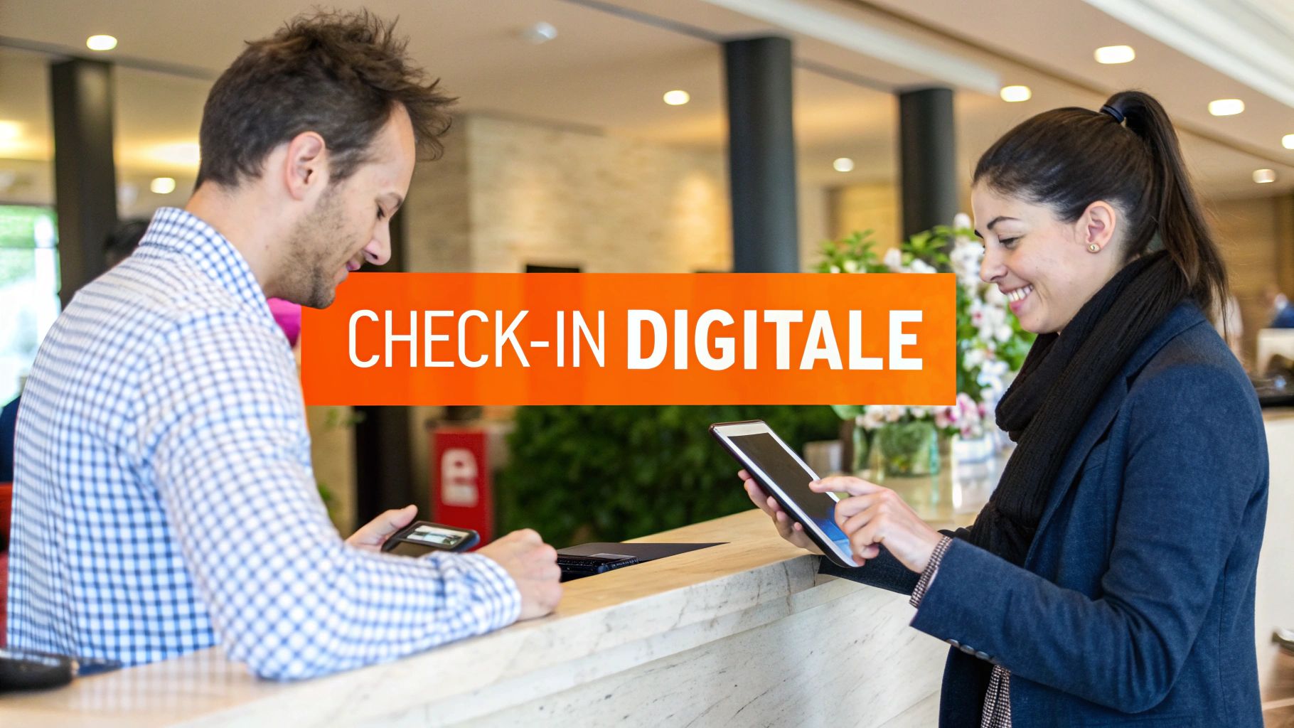 Due persone utilizzano dispositivi mobili per un check-in digitale rapido e autonomo al banco di un hotel.
