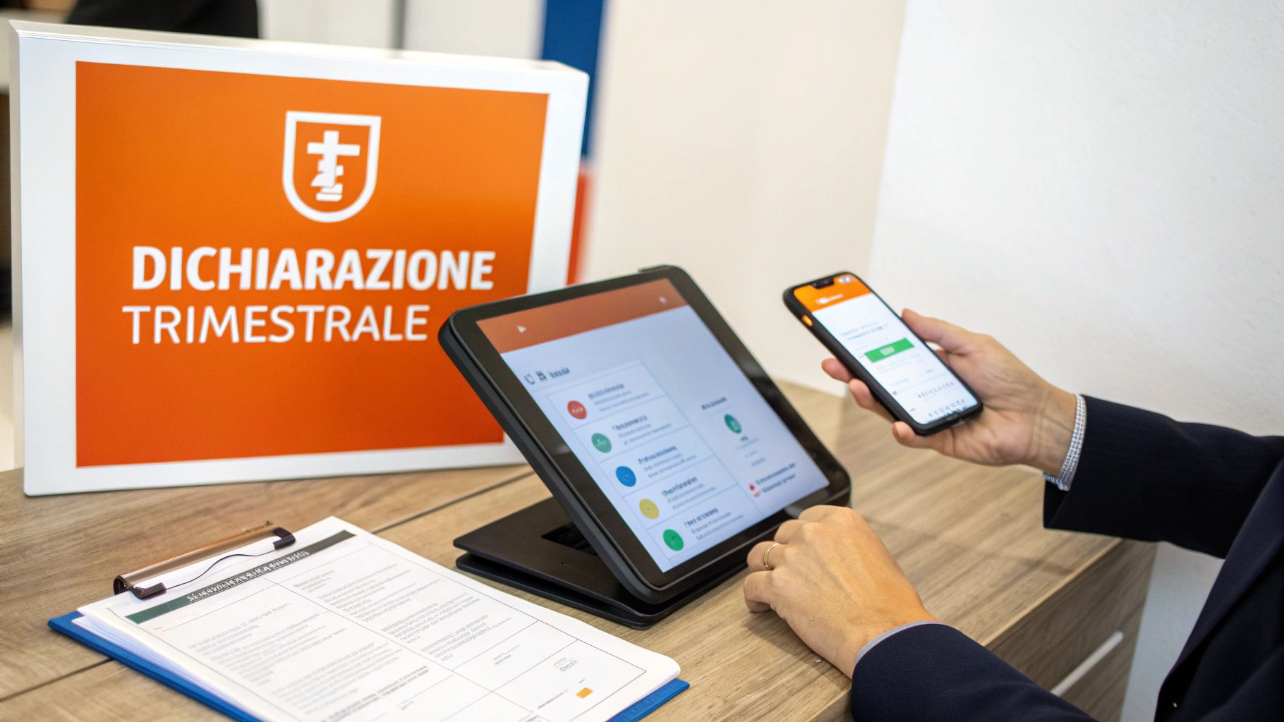 Persona che utilizza un tablet e uno smartphone per una dichiarazione trimestrale digitale, con documenti e un simbolo religioso sullo sfondo.