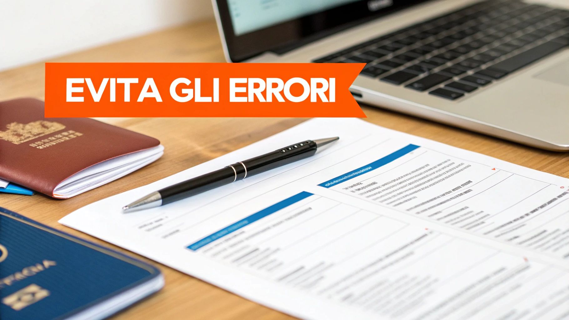 Scrivania con documenti, penna, laptop e passaporti, con la scritta 'EVITA GLI ERRORI' che invita alla precisione.