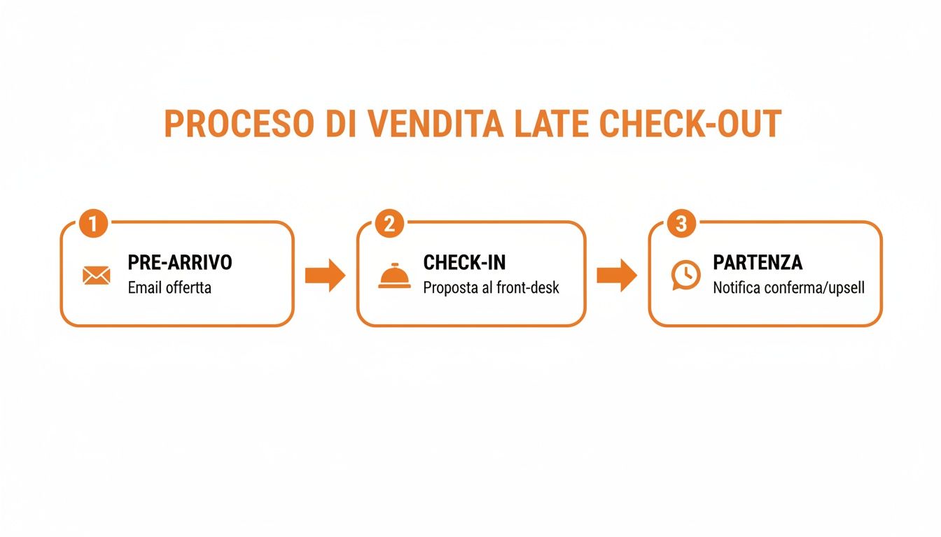 Diagramma che illustra il processo di vendita per il late check-out, dalla proposta via email alla conferma finale.