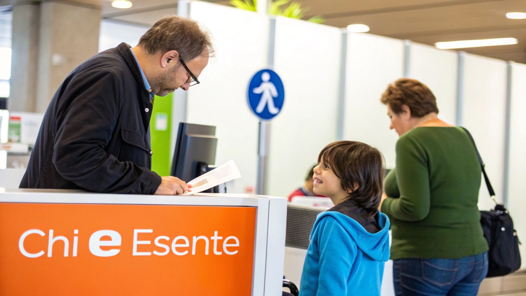 Un uomo consegna documenti al bancone a un bambino sorridente, con una donna sullo sfondo e un cartello stradale.