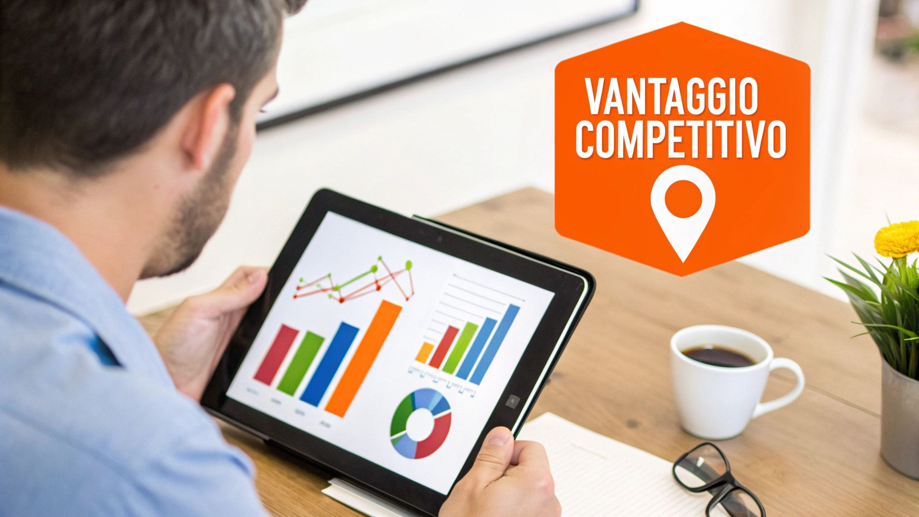 Uomo analizza grafici su un tablet, con caffè e occhiali su tavolo di legno. Icona 'Vantaggio Competitivo'.