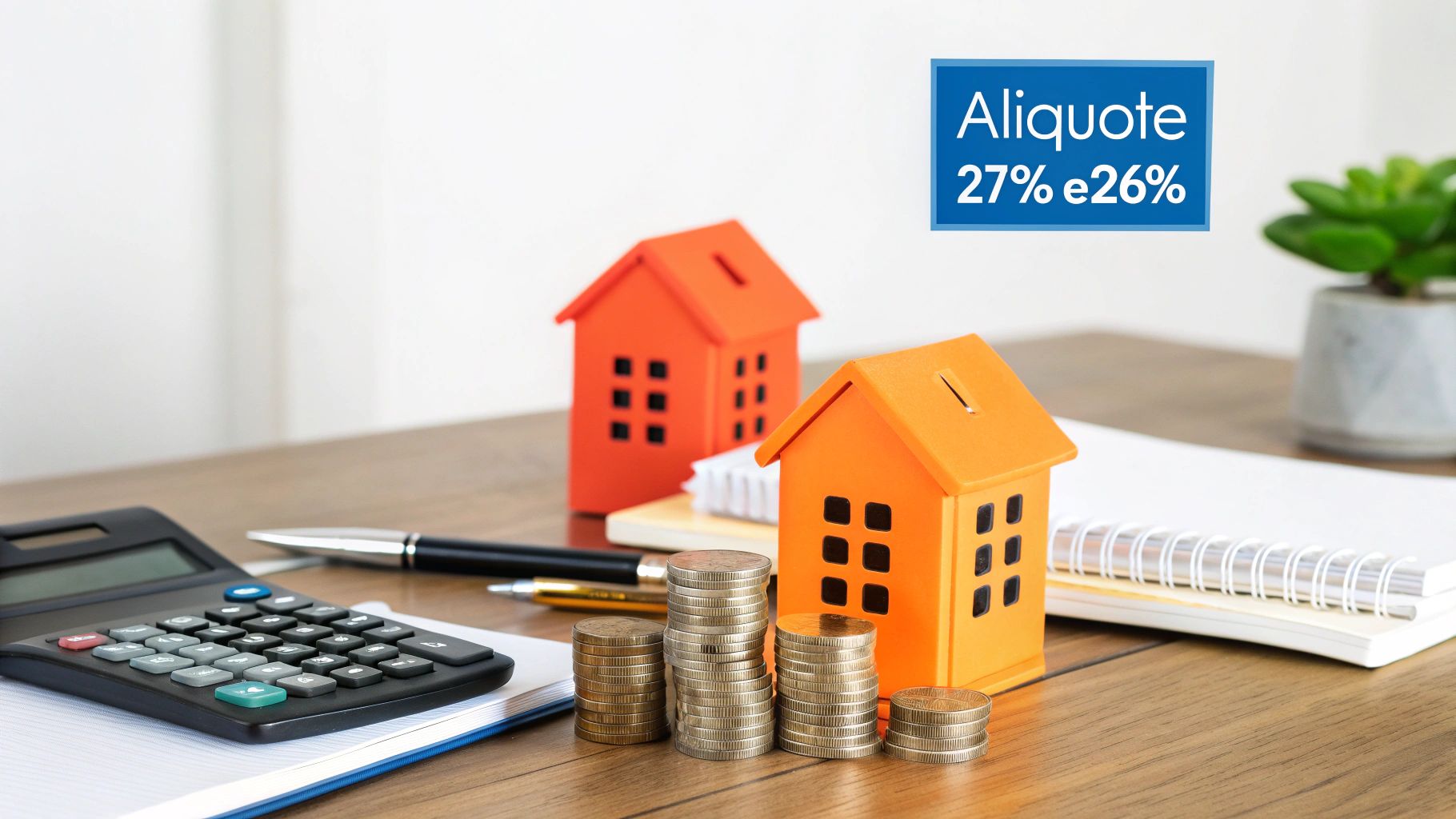 Una scrivania con calcolatrice, case modello, monete e un banner con le aliquote 27% e 26%.