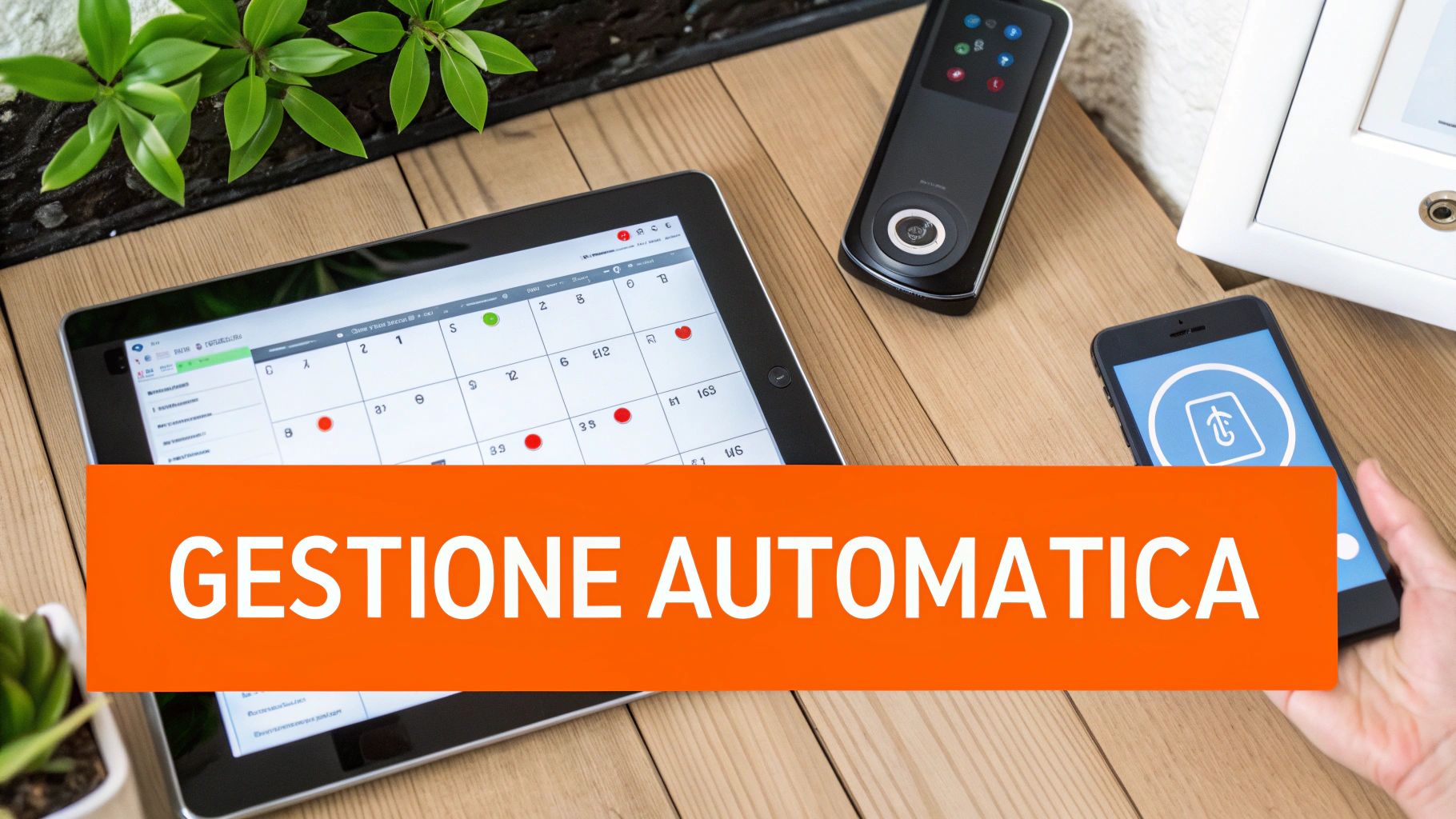 Dispositivi digitali su un tavolo di legno: tablet con calendario, smartphone e smart lock, con la scritta 'GESTIONE AUTOMATICA'.