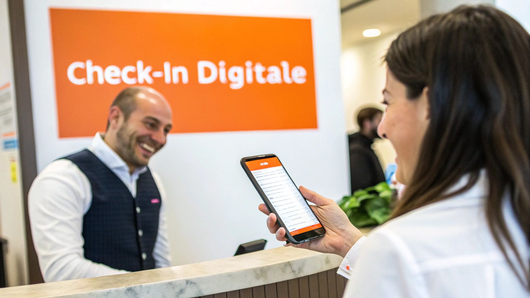 Una donna sorridente utilizza lo smartphone per il check-in digitale alla reception, interagendo con un addetto.