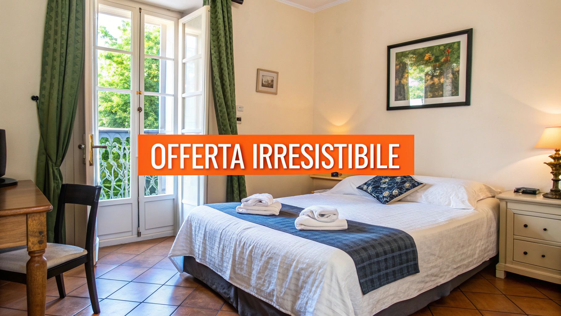 Una camera da letto accogliente in un B&B con letto matrimoniale, balcone e banner "Offerta Irresistibile".