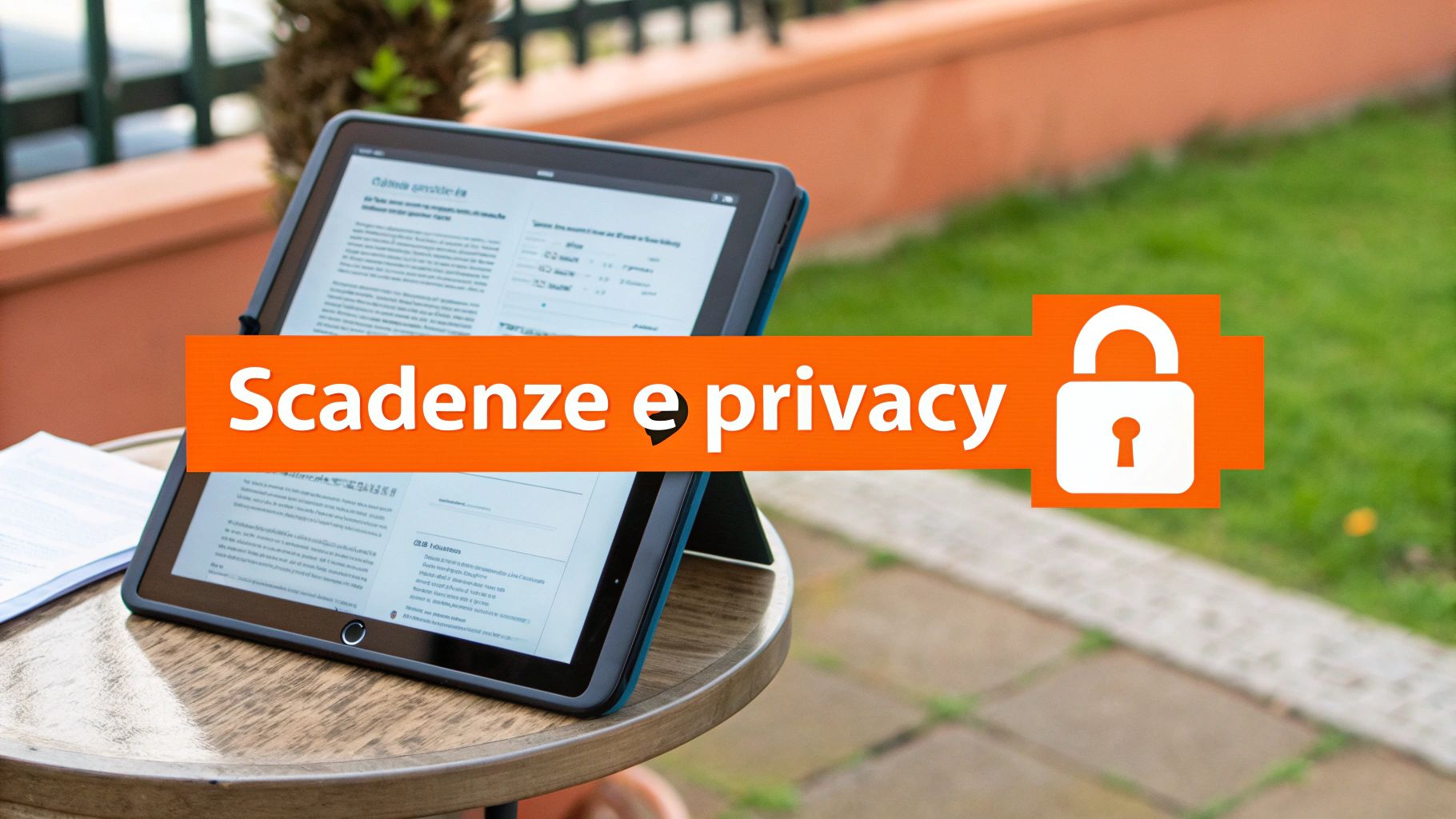 E-reader su tavolo di legno con banner arancione che recita 'Scadenze e privacy' e icona di lucchetto.