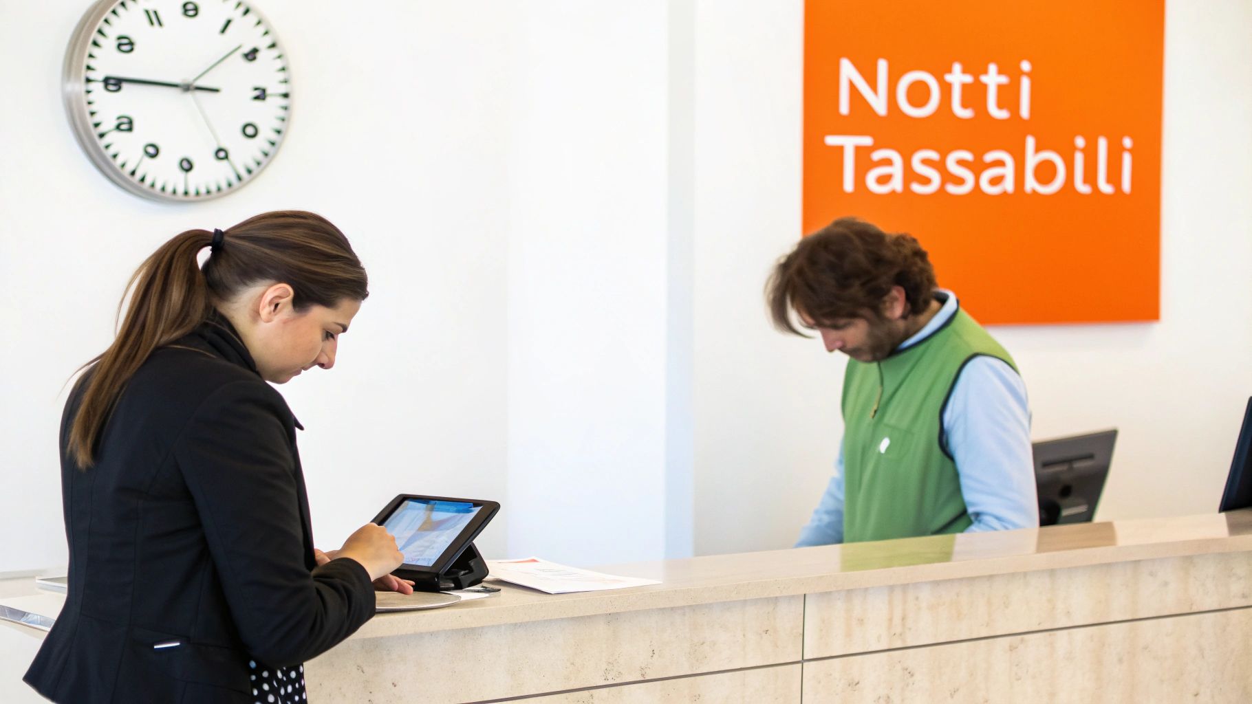 Reception di un hotel con un ospite che effettua il check-in