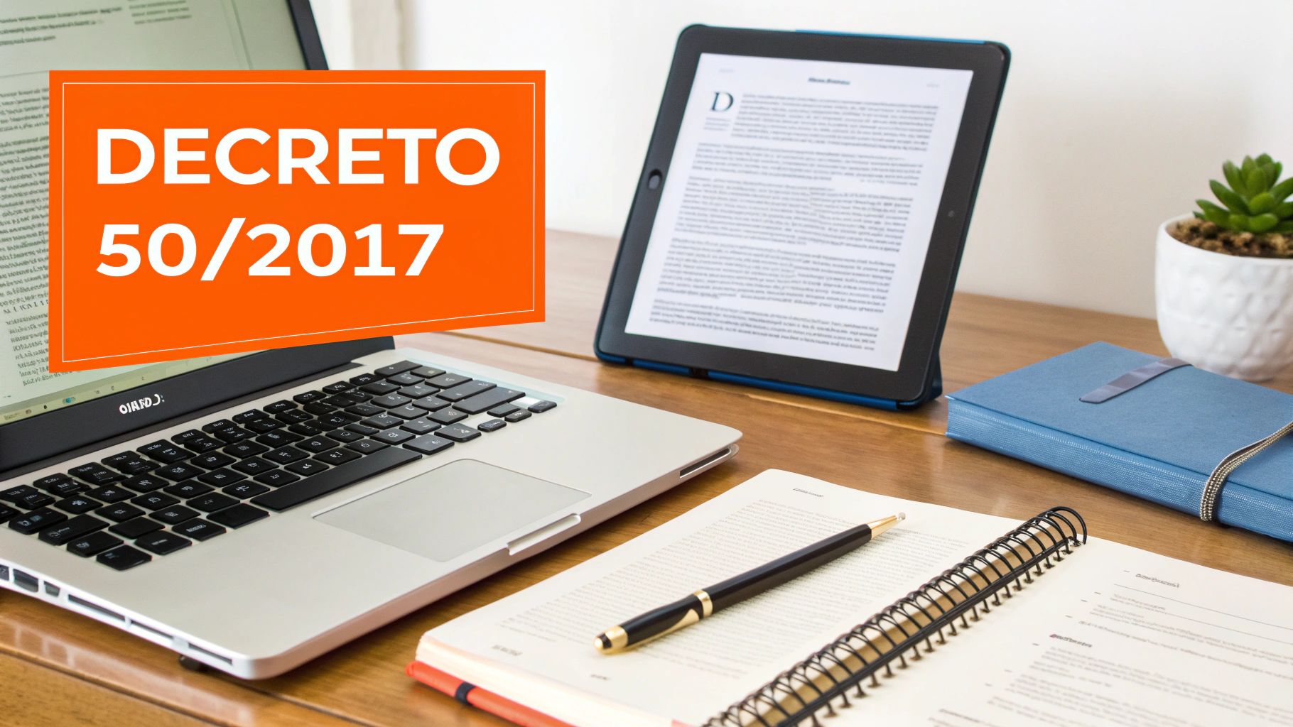 Scrivania da ufficio con laptop, tablet, quaderno, penna e pianta. In primo piano, il testo "DECRETO 50/2017".