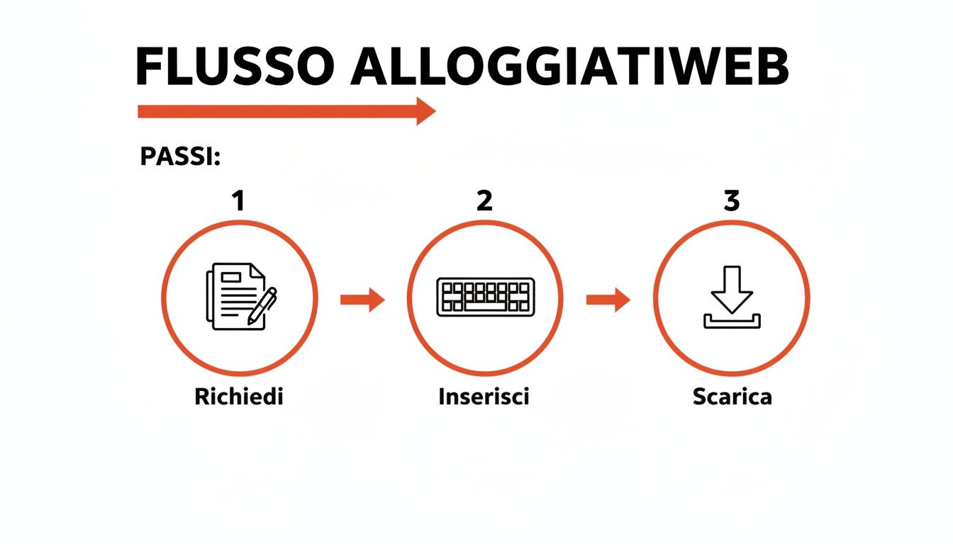 Schema grafico del flusso AlloggiatiWeb in tre passaggi: Richiedi, Inserisci, Scarica dati.
