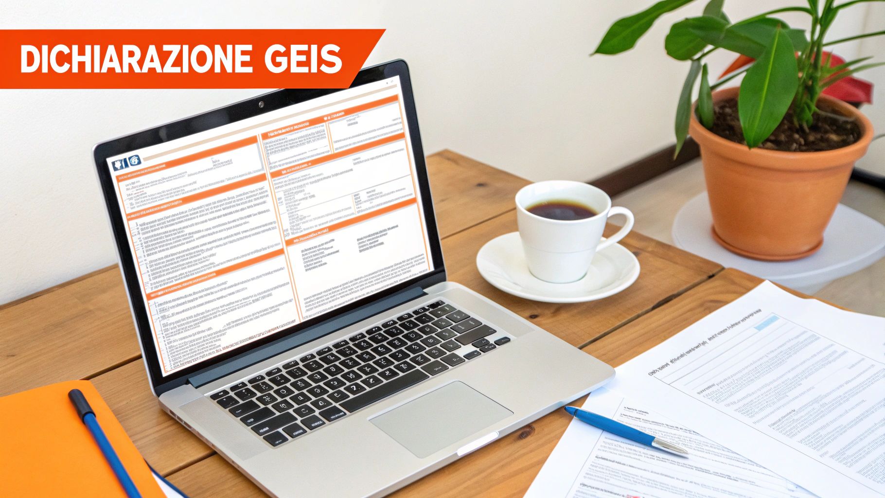 Un laptop mostra una dichiarazione GEIS su una scrivania in legno con caffè, pianta e documenti cartacei.