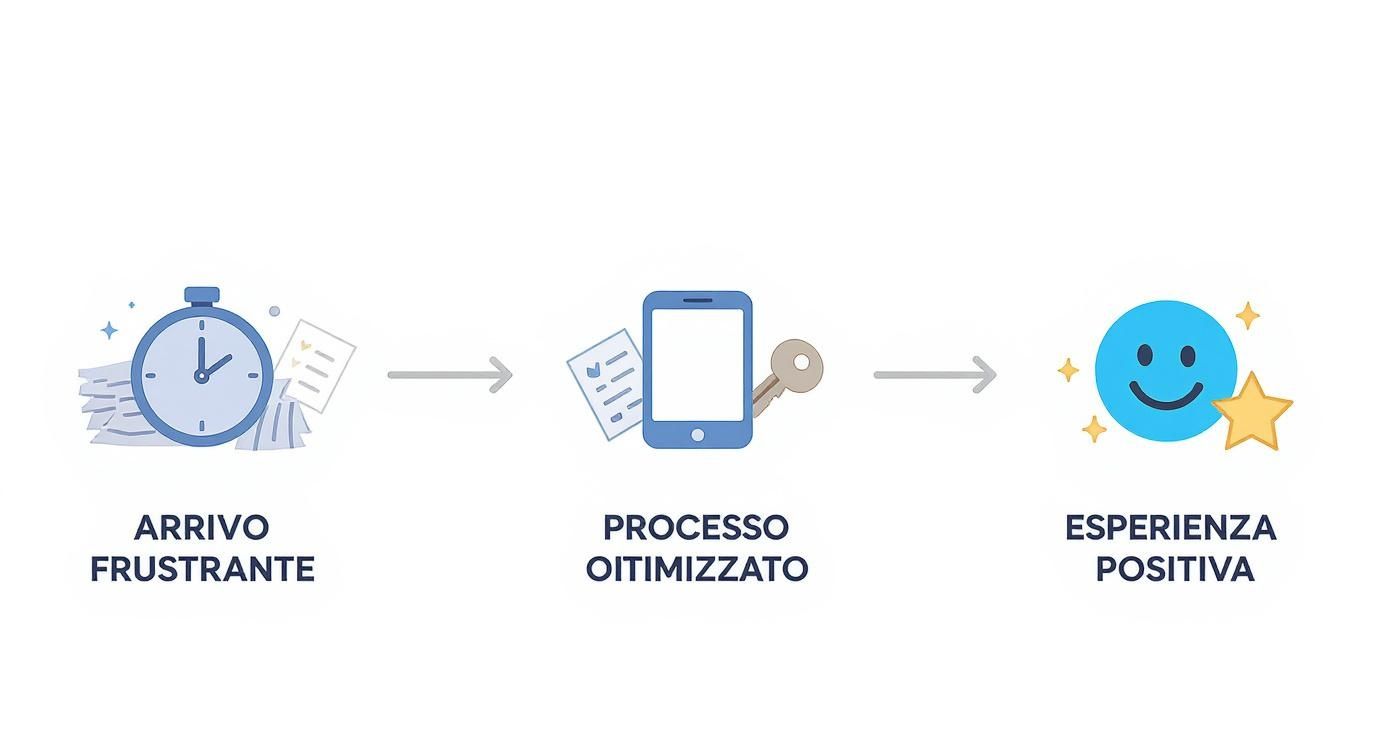 Immagine che illustra la trasformazione da un processo lento e frustrante a un'esperienza positiva tramite l'ottimizzazione digitale.