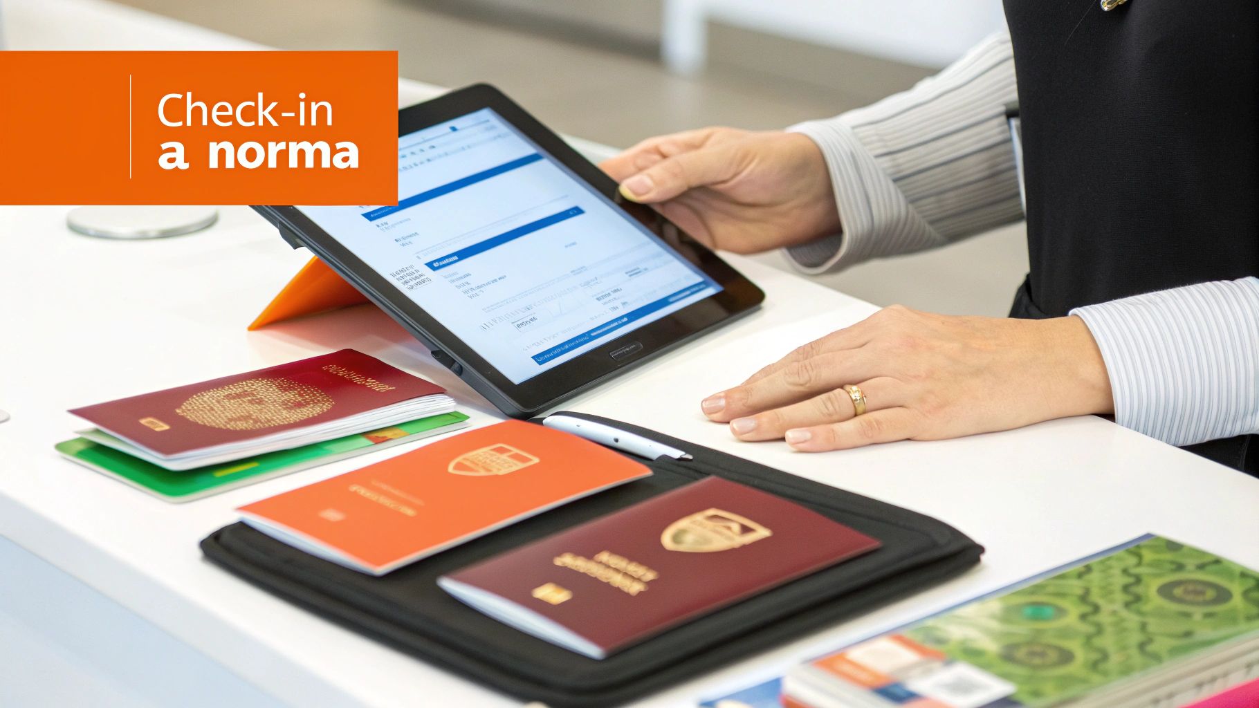 Una persona effettua il check-in utilizzando un tablet, con diversi passaporti e documenti sul bancone.