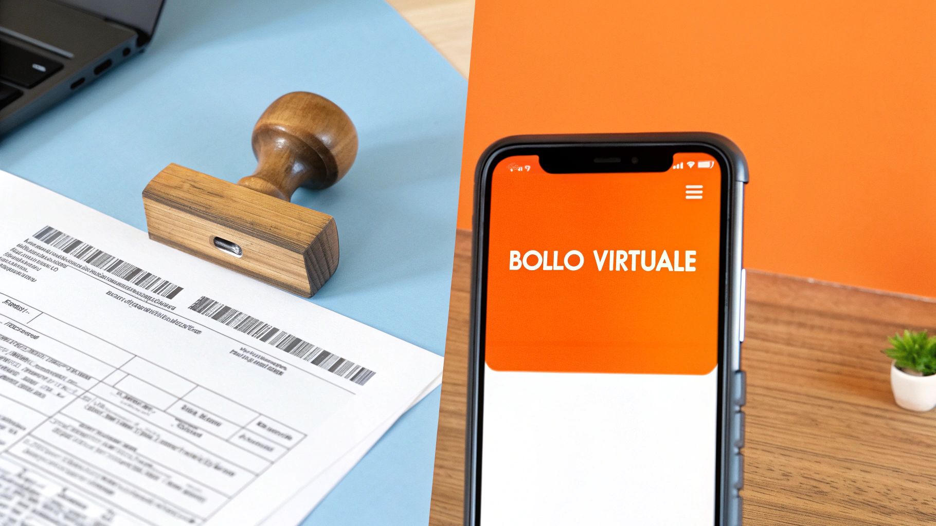 Immagine che confronta una marca da bollo fisica su carta con un'applicazione mobile "Bollo Virtuale" su smartphone.