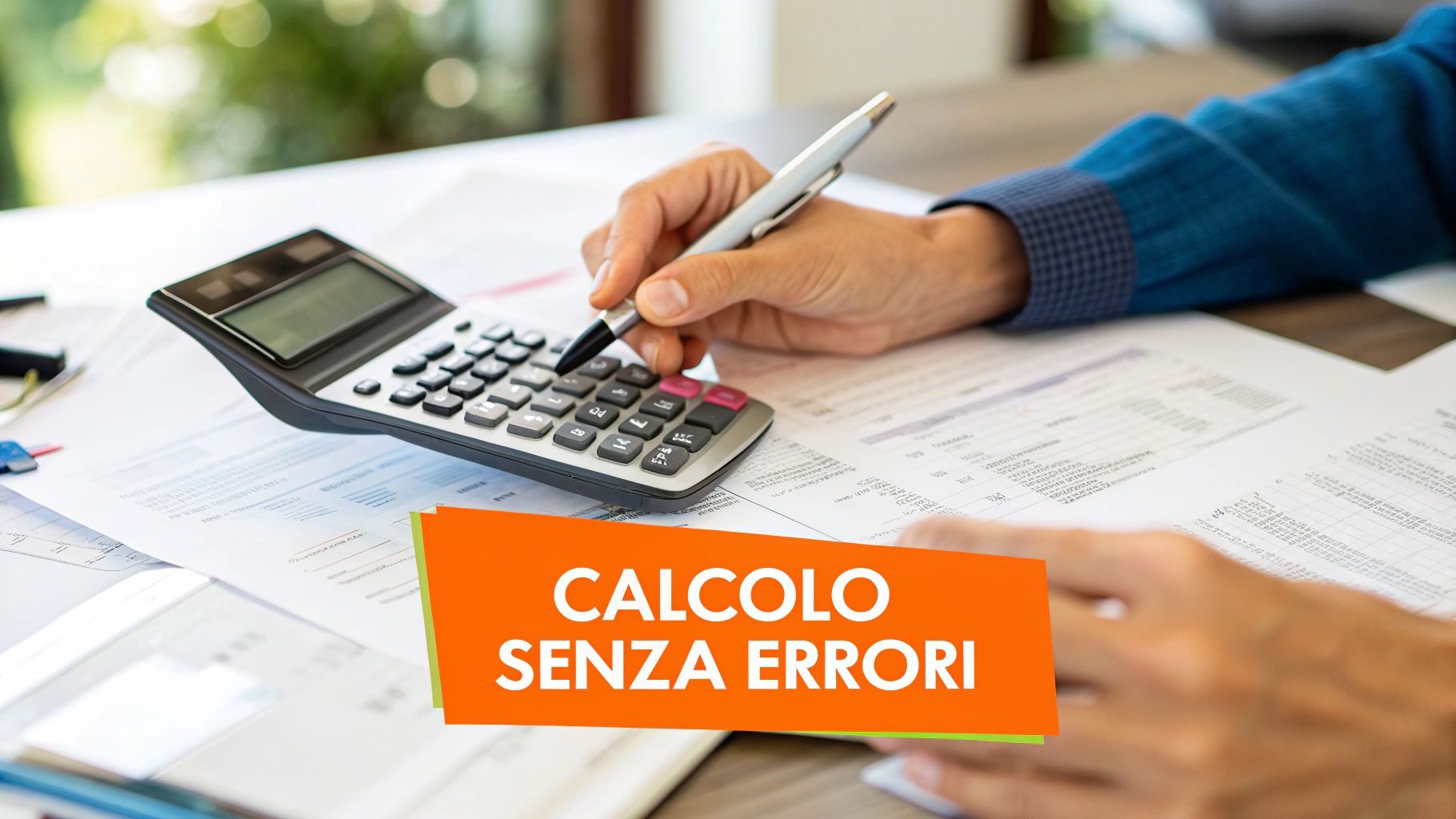 Una calcolatrice e una penna su alcuni documenti fiscali, a rappresentare il calcolo dell'imposta di soggiorno.